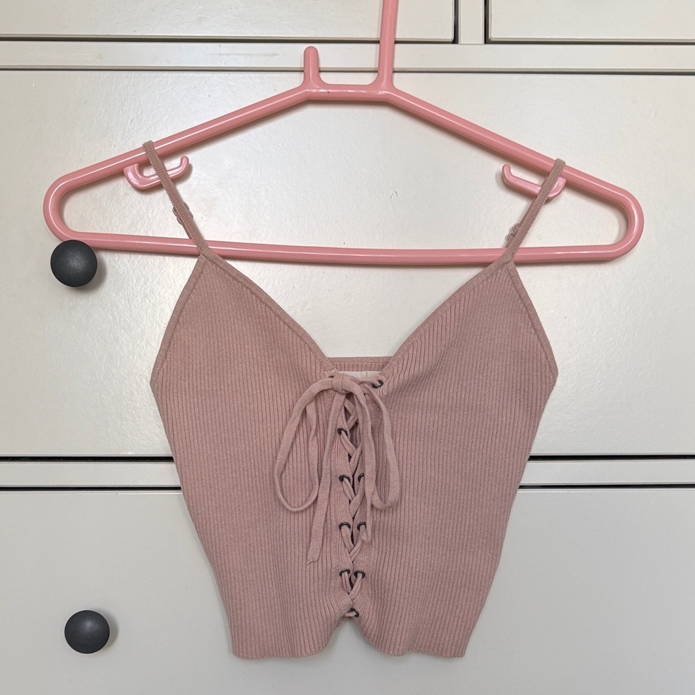 Lace-Up Ribbed Cami Tank in Dusty Rose
